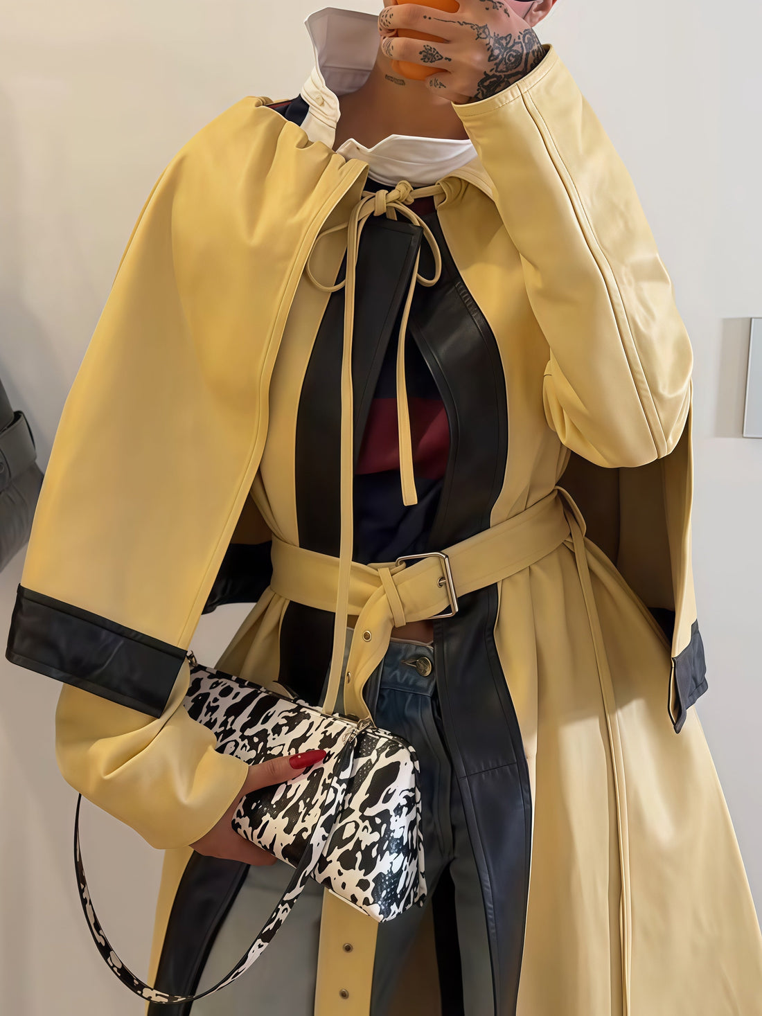 Black Leather Accents Tie-Wront Belted Trench Coat