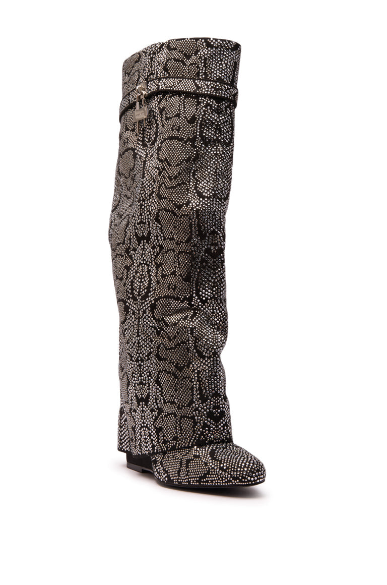 RHINESTONE SNAKE PATTERN WEDGE FOLD OVER BOOT