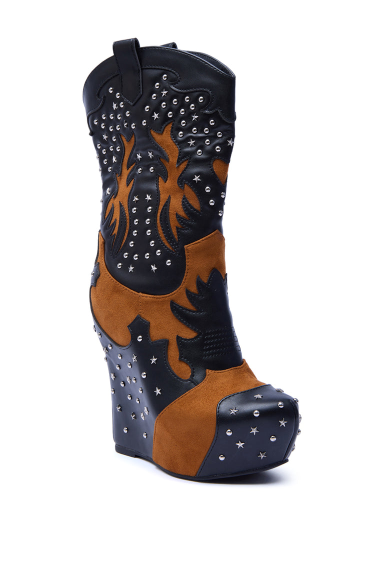Black Multi Western Wedge Bootie