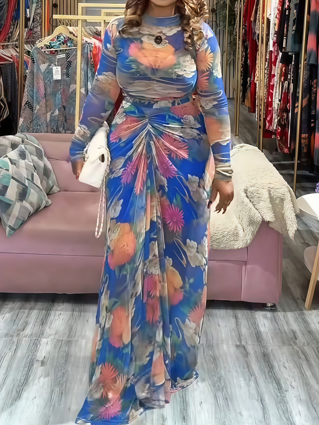 Sheer Sleeves Floral Ruched Printed Two Pieces Dress