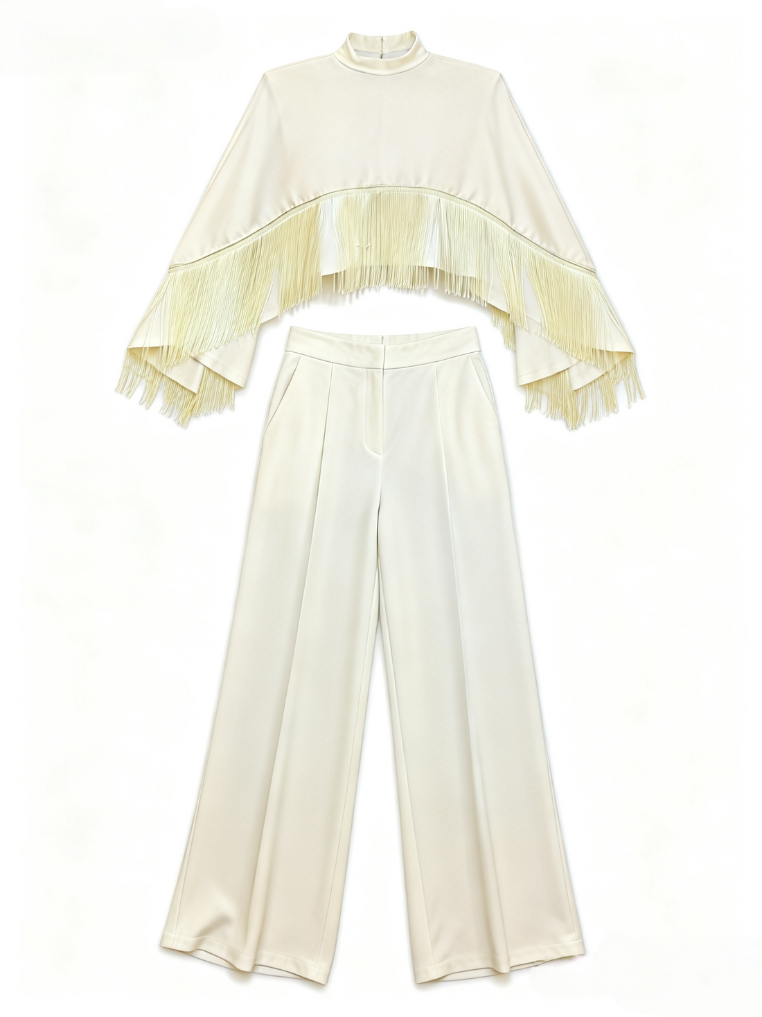 Ivory Satin Fringe Cape Top & Wide-Leg Trousers Set