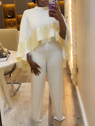 Ivory Satin Fringe Cape Top & Wide-Leg Trousers Set