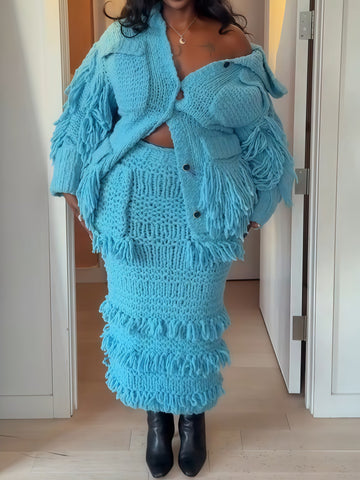 Off-Shoulder Fringe Knit Set