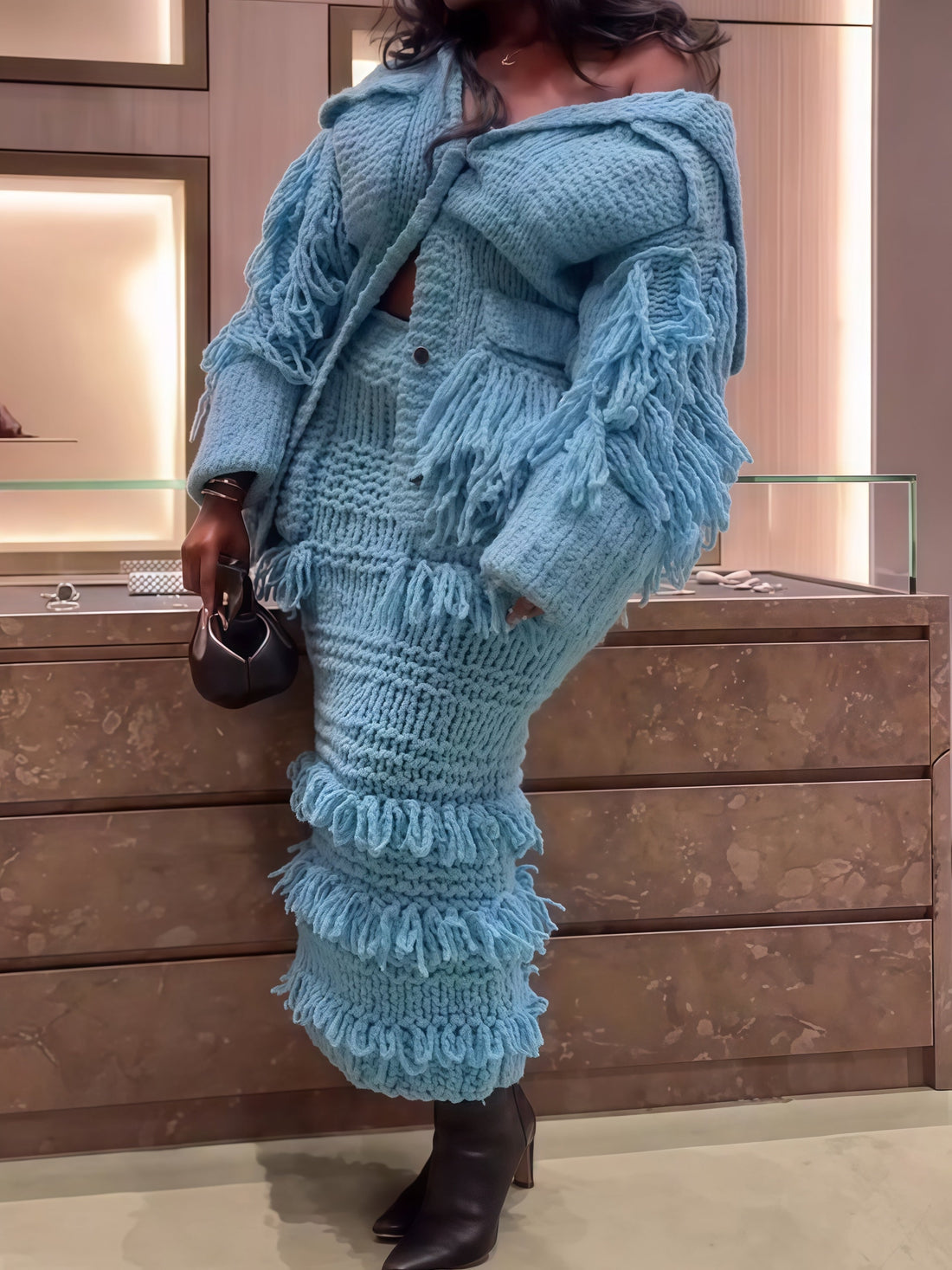 Off-Shoulder Fringe Knit Set