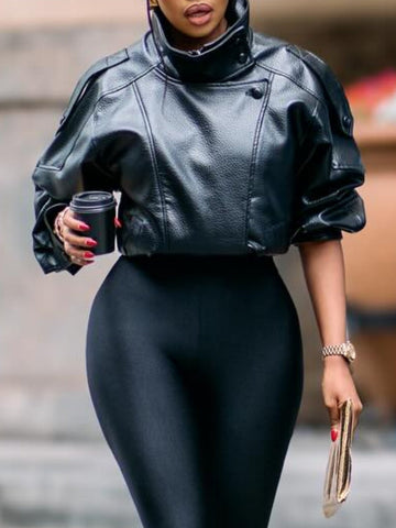 Black Leather High-Neck Jacket