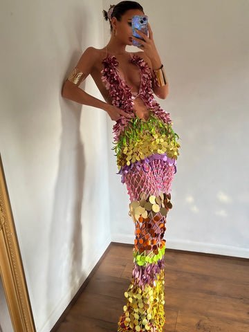 Gold Rainbow Sequin Net Dress