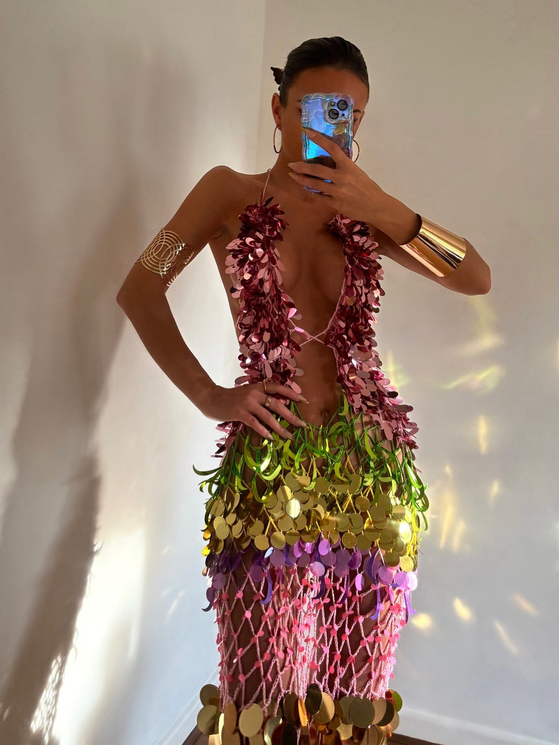 Gold Rainbow Sequin Net Dress