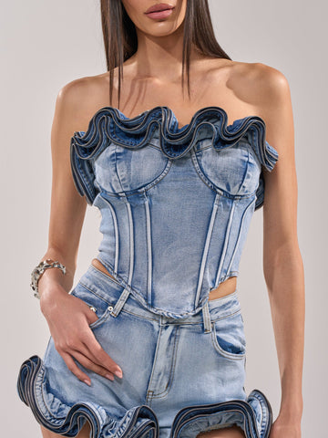 Zipper Detail Denim Corset Set
