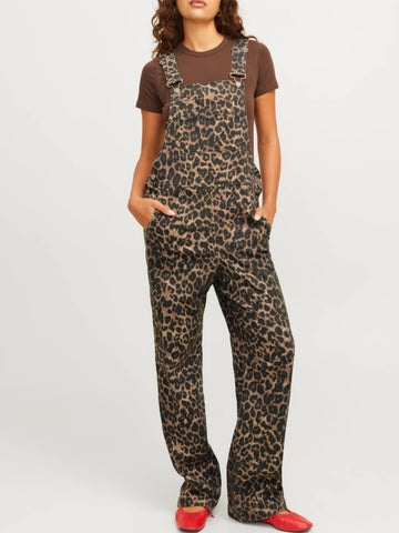 Leopard Print Waffle Women Casual Overalls With Pockets