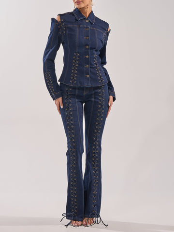 TWO PIECES OF DENIM SETS WITH GROMMETS