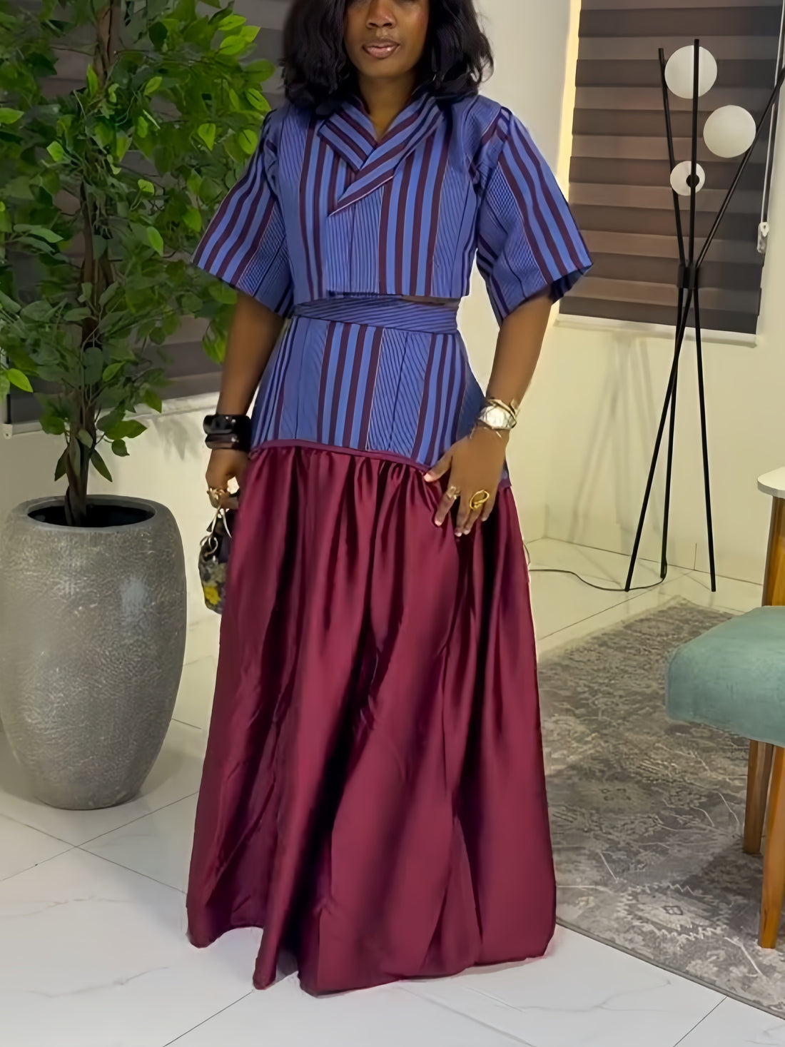 Blue Stripe Fit-and-Flare Midi Dress Set
