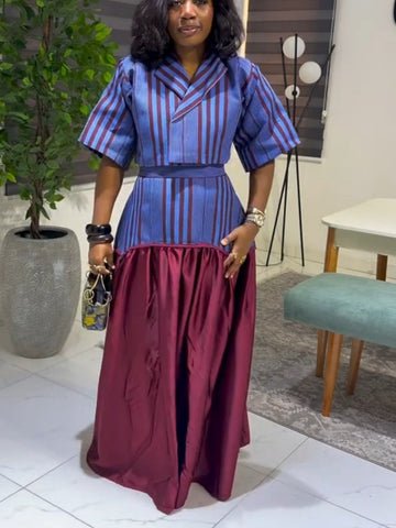 Blue Stripe Fit-and-Flare Midi Dress Set