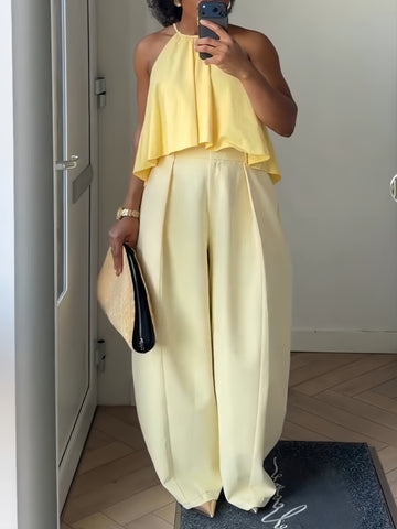 Butter Yellow Halter Ruffle Top Wide-Leg Suit Set