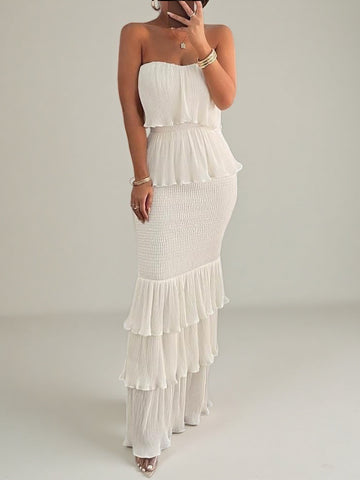 White Cascade Drape Floor Length Dress