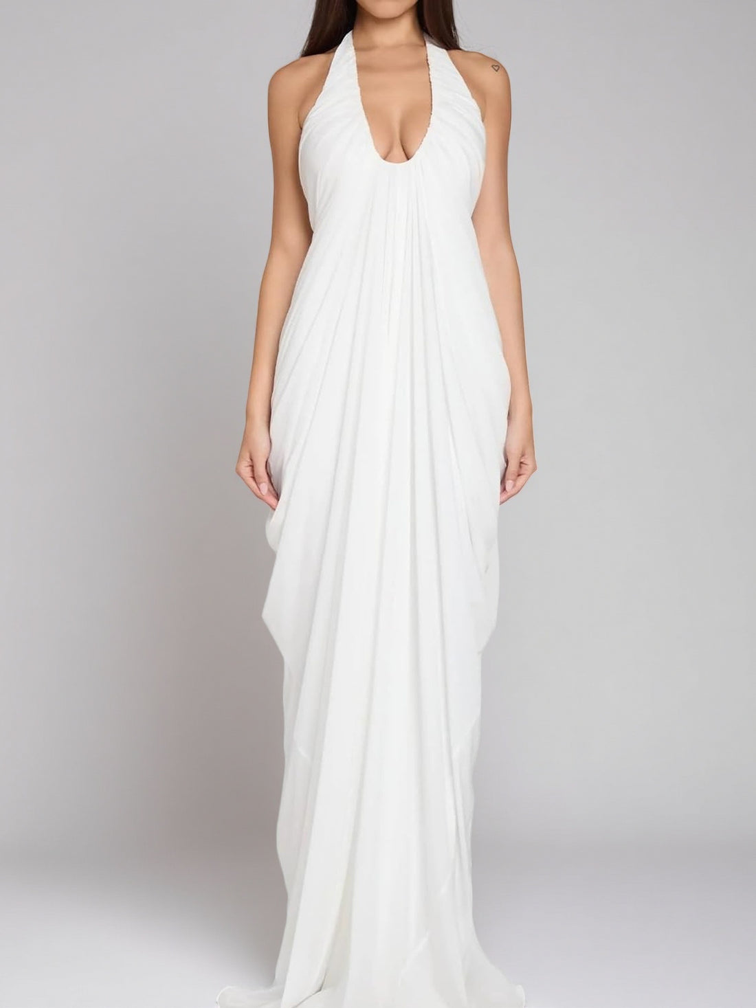 White Cascade Drape Floor Length Dress