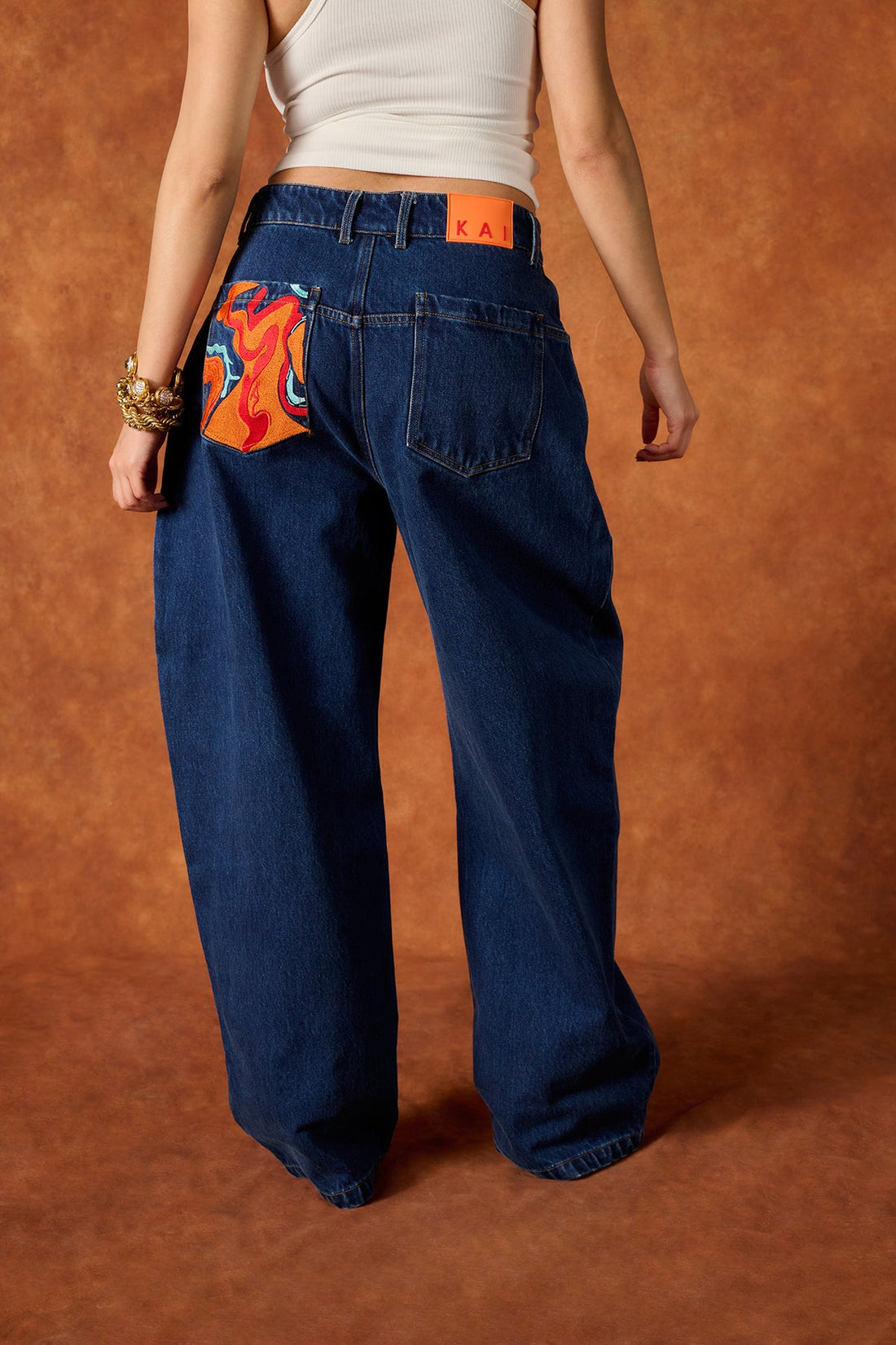Denim Barrel Leg Logo Embroidered Jeans