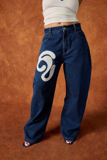 Denim Barrel Leg Logo Embroidered Jeans