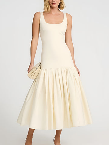 Poplin Scoop Neck Sleeveless Drop Waist Midi Dress