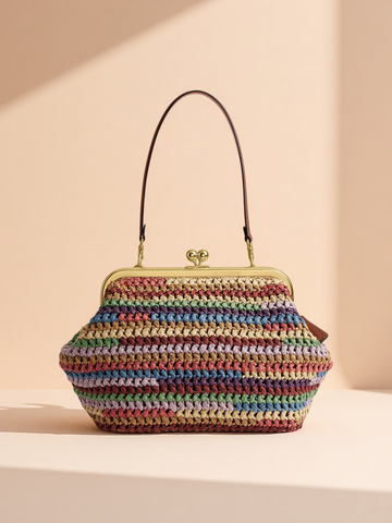 Kiss Lock Frame Large Weave Straw Clutch