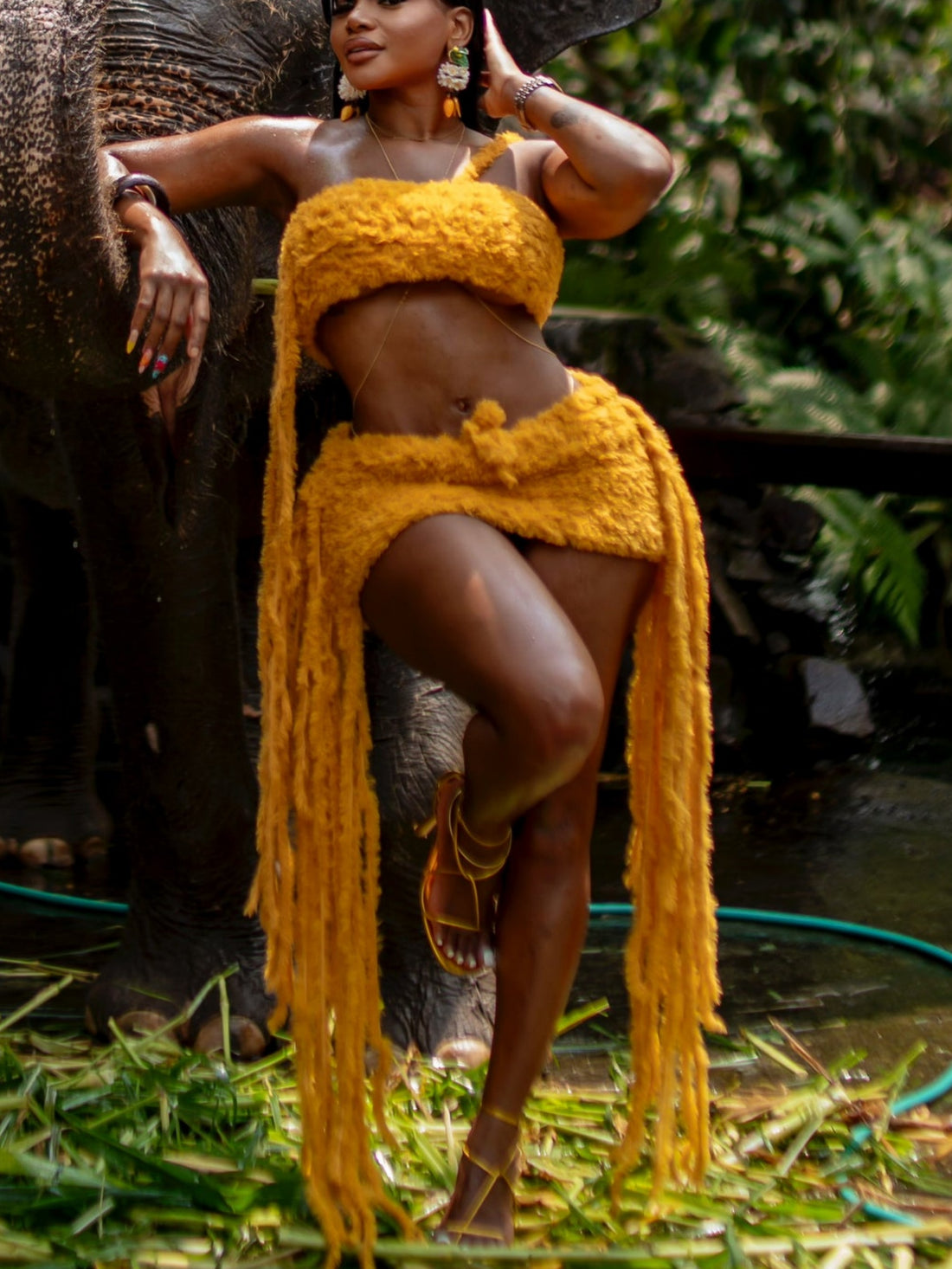 Fuzzy Fringe Two-Piece Set (Cropped Top & Skirt)