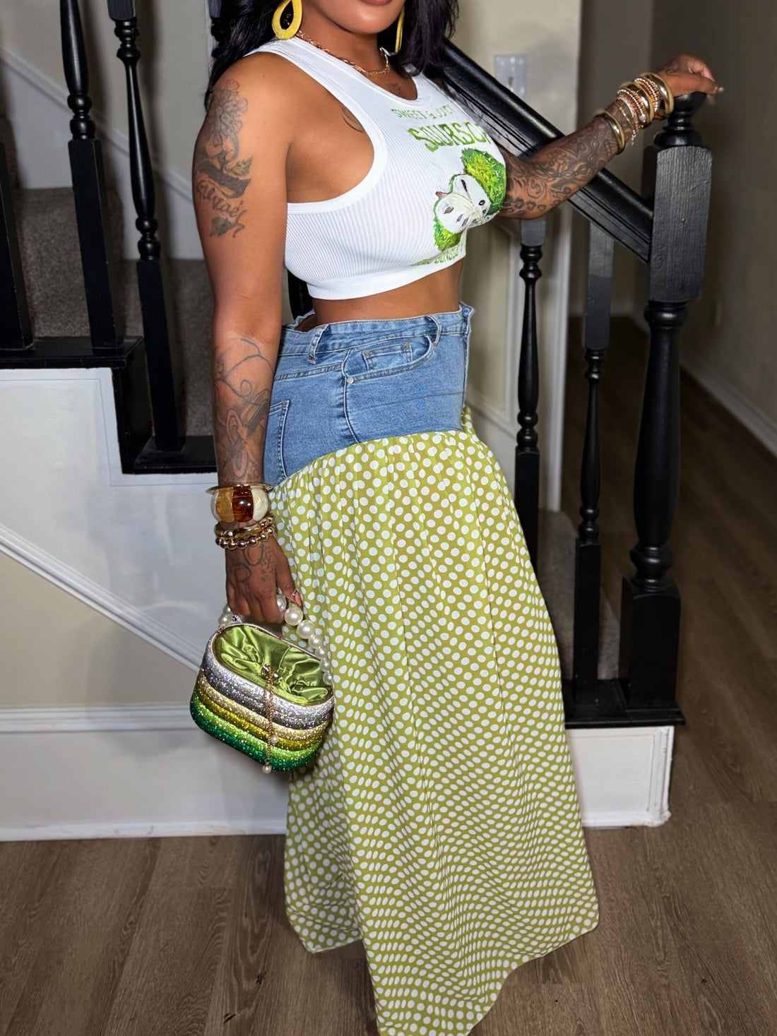 Soursop Denim Panel Maxi Shorts Headband Included
